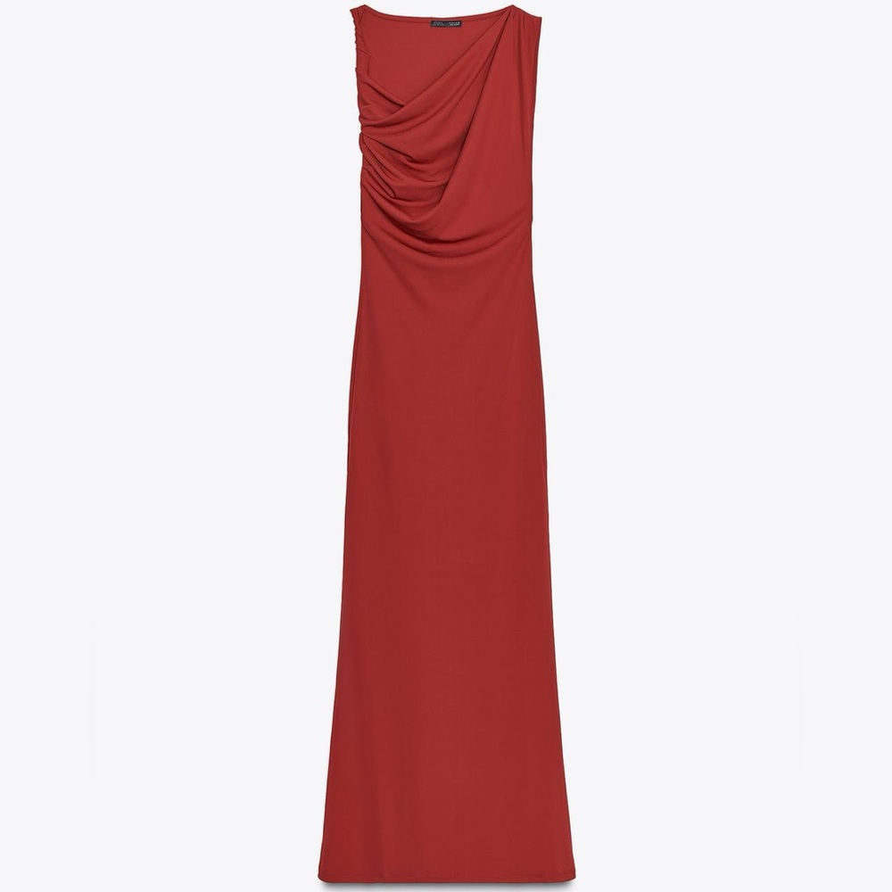 Zara NWT Dark Blood Red Sexy Elegant Cowl Draped Bodycon Maxi Dress (Size Small) - Picture 6 of 9